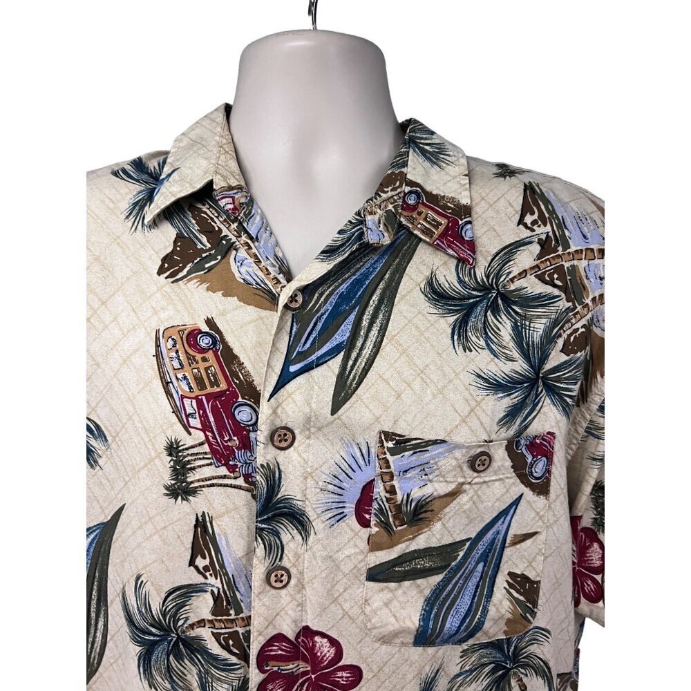 Mens Vintage Hawaiian Floral Button Up Shirt Large Pocket Classic Woody Cars - Picture 4 of 9